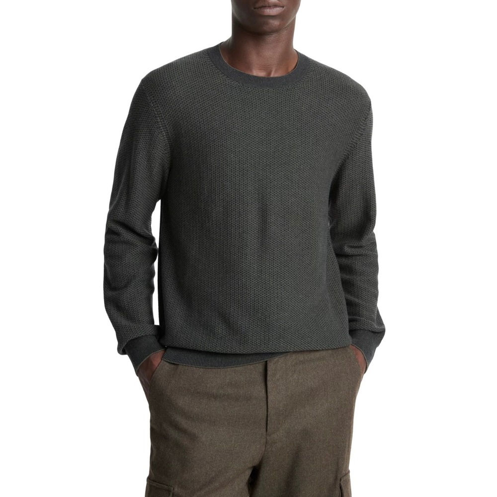 D1 Vince Mens Charcoal Grey 100% Cotton Micro Waffle Knit Crewneck Sweater Large